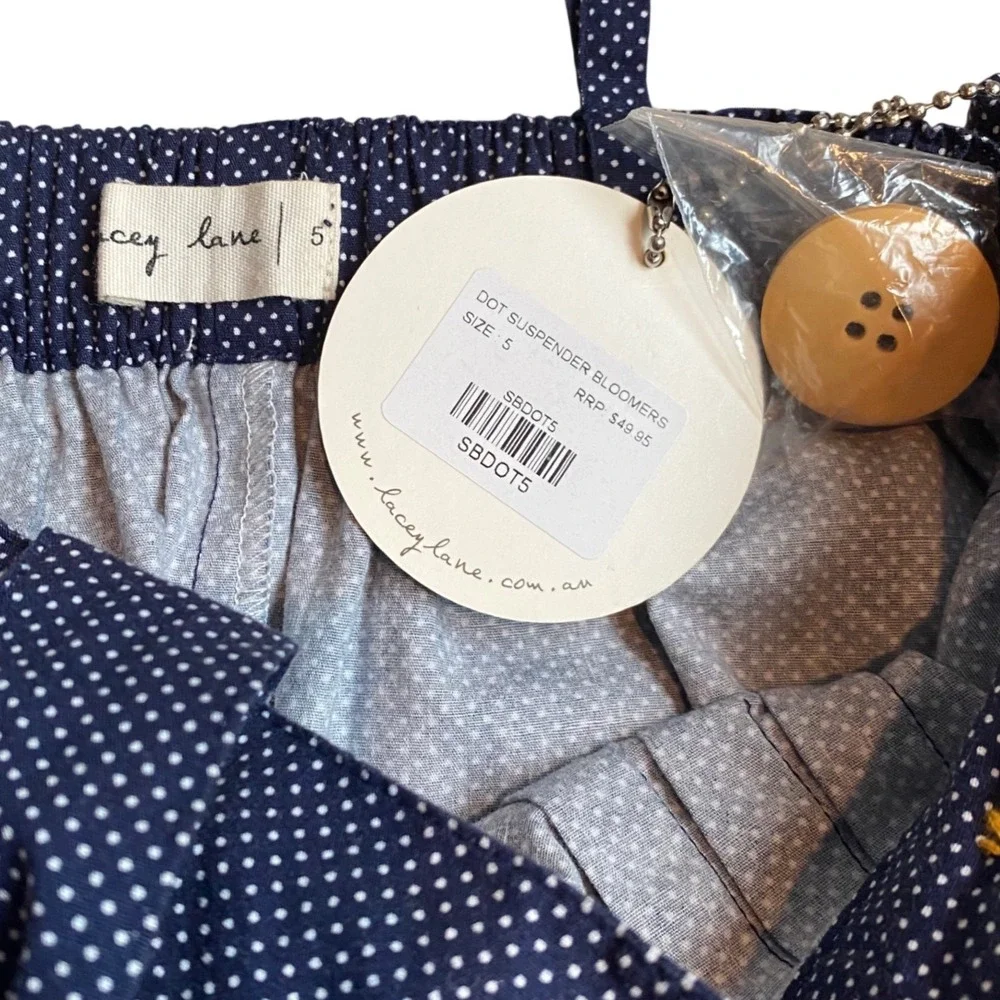 NEW LACEY LANE Polka Dot Suspender Bloomers Romper Size 5‎ Navy Retro Australia